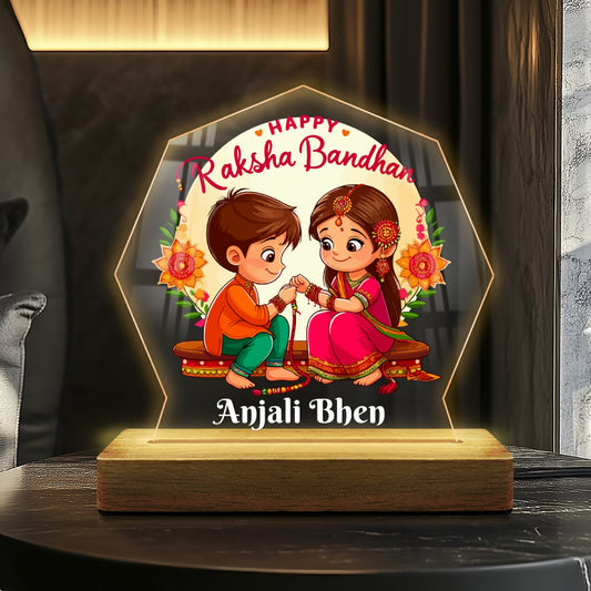 Personalized Raksha Bandhan acrylic LED lamp with cartoon brother sister design and custom name on wooden base – Fashionury