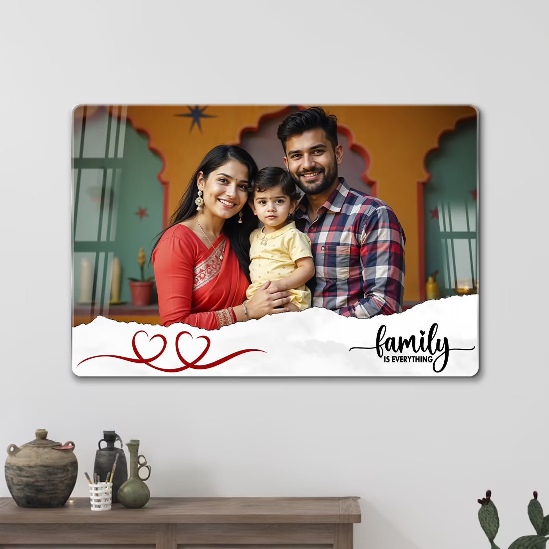Personalised Family Is Everything landscape acrylic wall frame with family portrait, heart ribbon and elegant quote