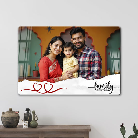 Personalised Family Is Everything landscape acrylic wall frame with family portrait, heart ribbon and elegant quote