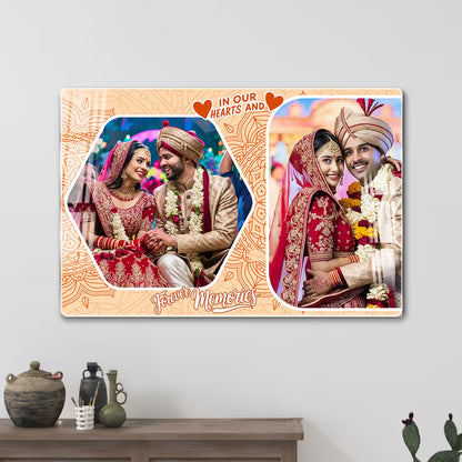 In Our Hearts Forever Memories acrylic wall frame with two wedding couple photos

