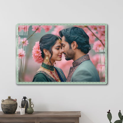 Personalised couple acrylic wall frame with romantic portrait, arch design and pastel floral border
