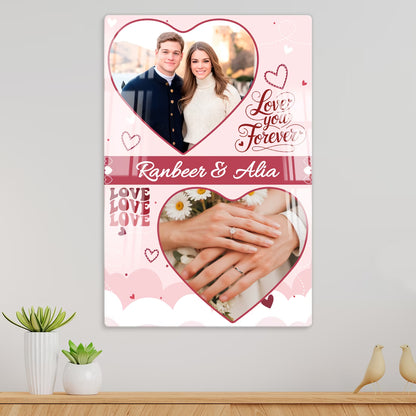 Personalised Love You Forever couple acrylic wall frame with two heart photos, names and romantic pink design
