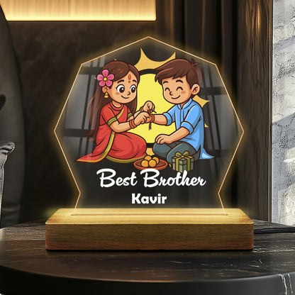 Personalized Best Brother acrylic LED lamp with custom name and rakhi tying design on wooden base – Fashionury
