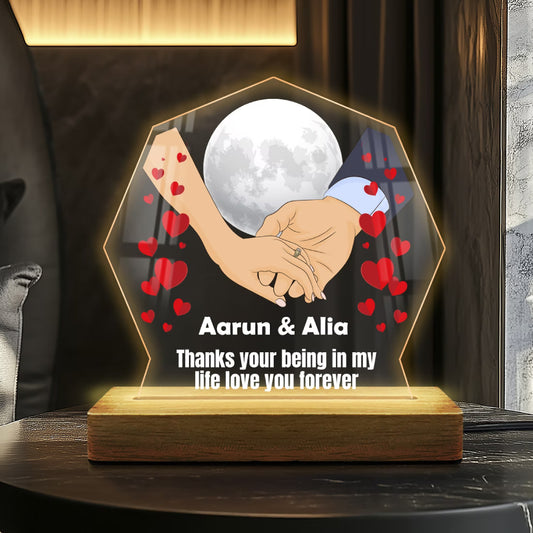 Personalized Karwa Chauth acrylic LED lamp with couple names, moon and holding hands design – Fashionury