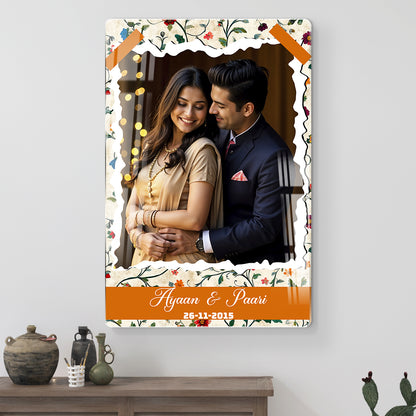 Personalised couple acrylic wall frame with two circular wedding portraits and royal floral border design
