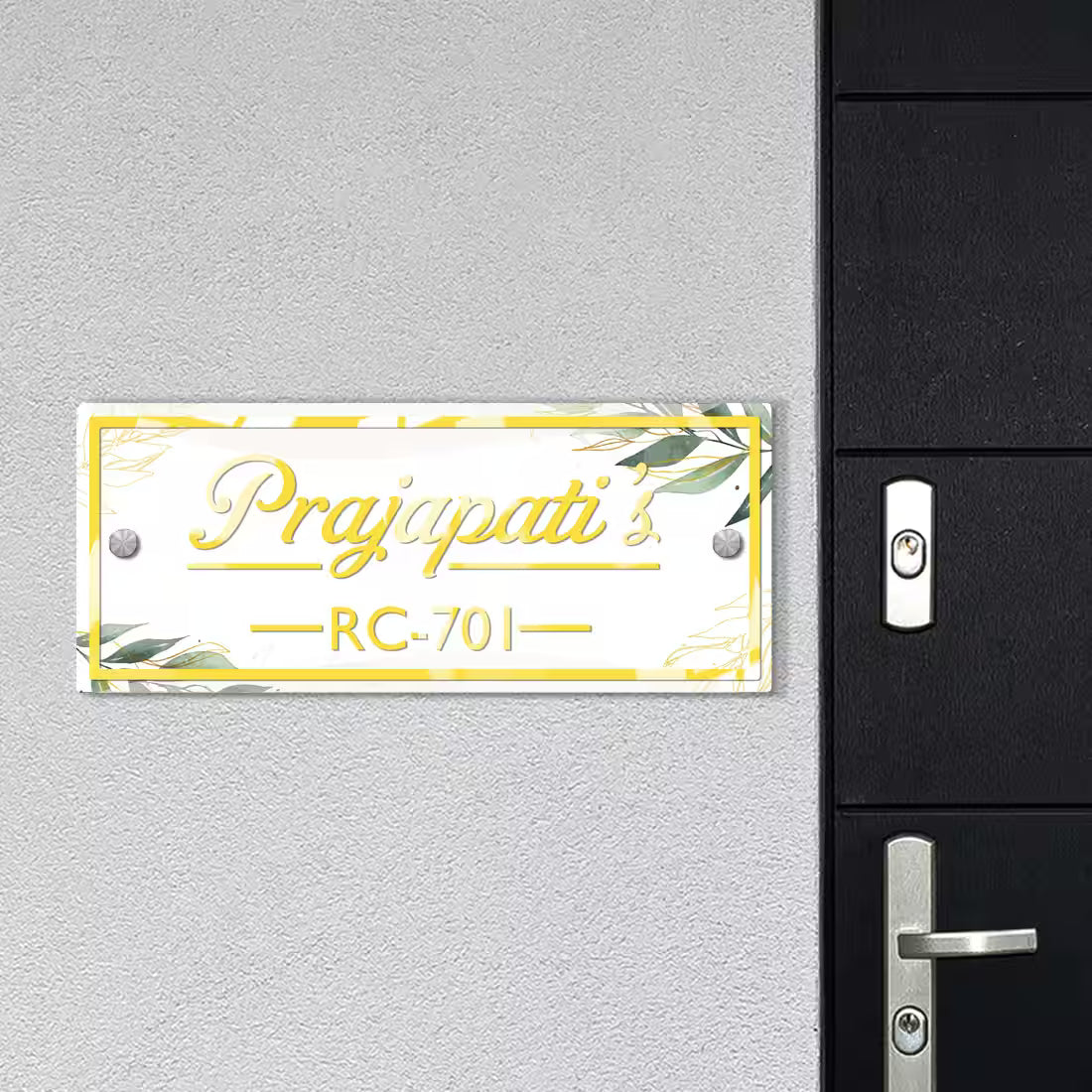 Acrylic Custom Premium Name Plate White Golden Floral design with gold border, green botanical leaves and custom family name and house number by Fashionury