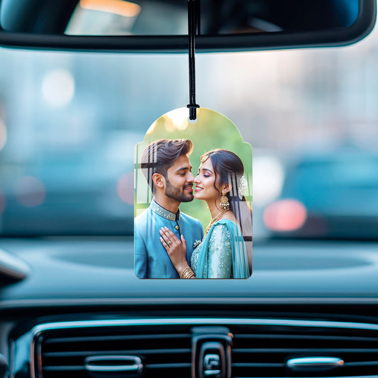 Acrylic personalized car hanging with custom picture – elegant car mirror charm for couples