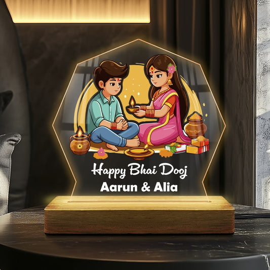 Personalized Bhai Dooj acrylic LED lamp with custom names and tilak ceremony design on wooden base – Fashionury
