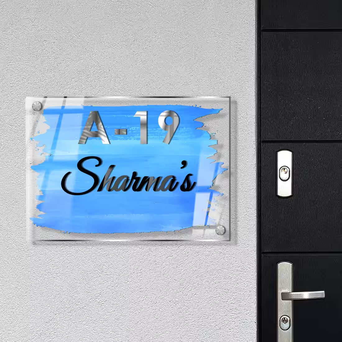 Acrylic Custom Premium Name Plate Blue Splash watercolour design with 3D style silver house number and custom family name by Fashionury