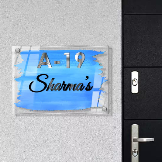 Acrylic Custom Premium Name Plate Blue Splash watercolour design with 3D style silver house number and custom family name by Fashionury