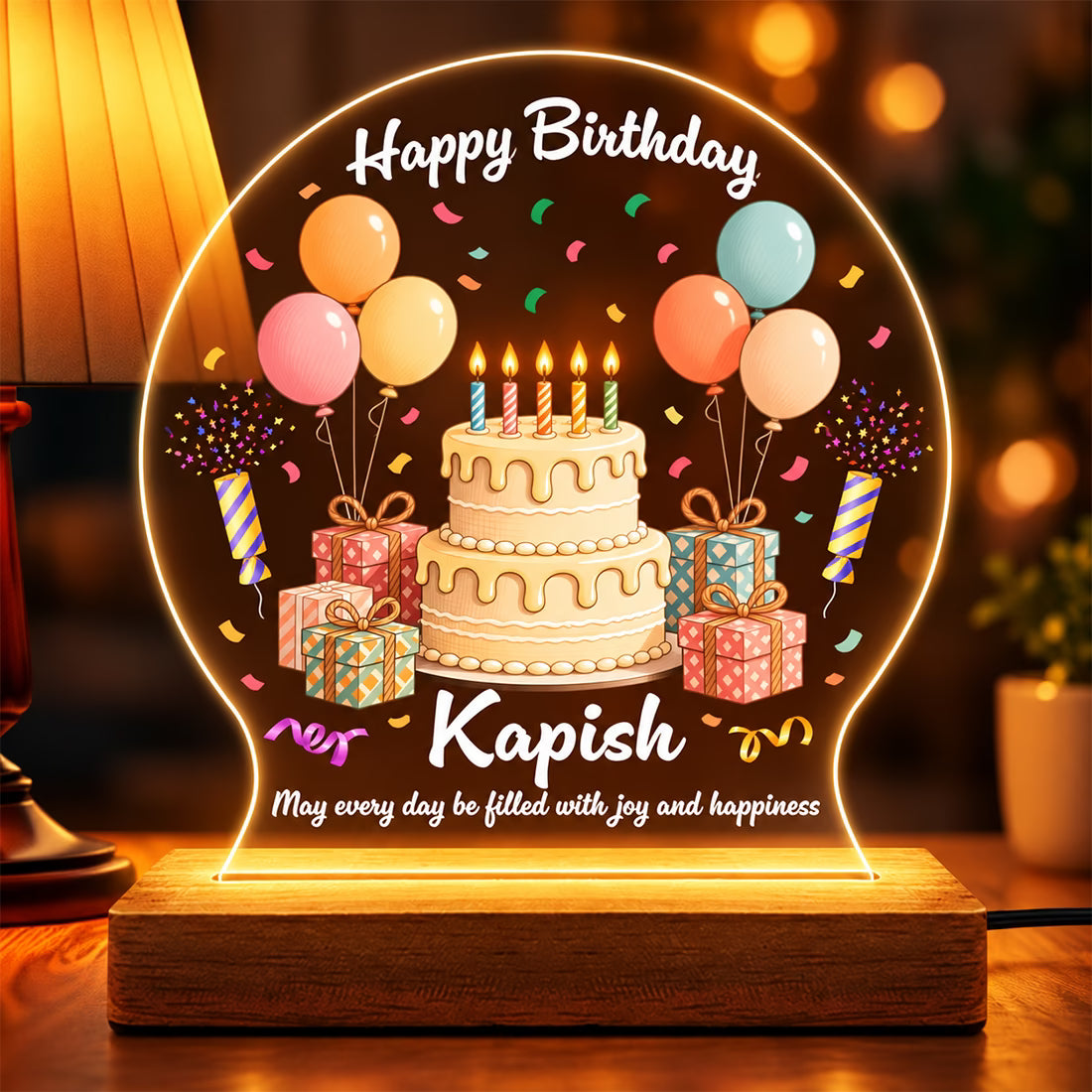 Personalized Happy Birthday acrylic LED table lamp with custom name, cake and balloons on warm glow wooden stand – Fashionury