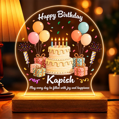 Personalized Happy Birthday acrylic LED table lamp with custom name, cake and balloons on warm glow wooden stand – Fashionury