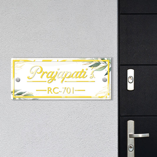 Personalised White Leaf Gold Acrylic Name Plate for Modern Main Door Decoration