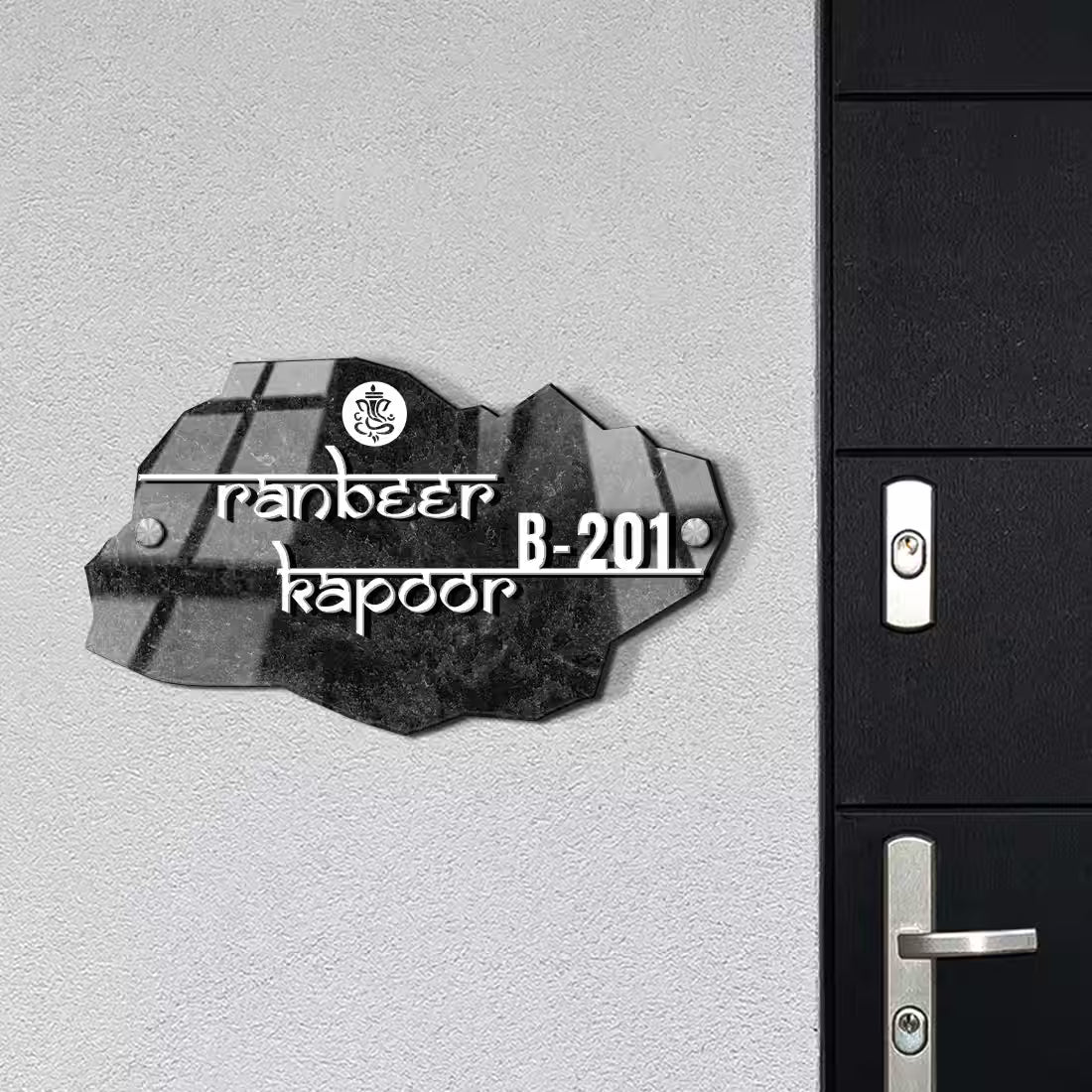 Acrylic Custom Premium Name Plate Black Rock texture irregular shape with Ganpati symbol and custom family name and house number by Fashionury