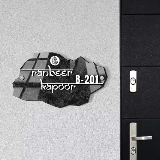 Acrylic Custom Premium Name Plate Black Rock texture irregular shape with Ganpati symbol and custom family name and house number by Fashionury