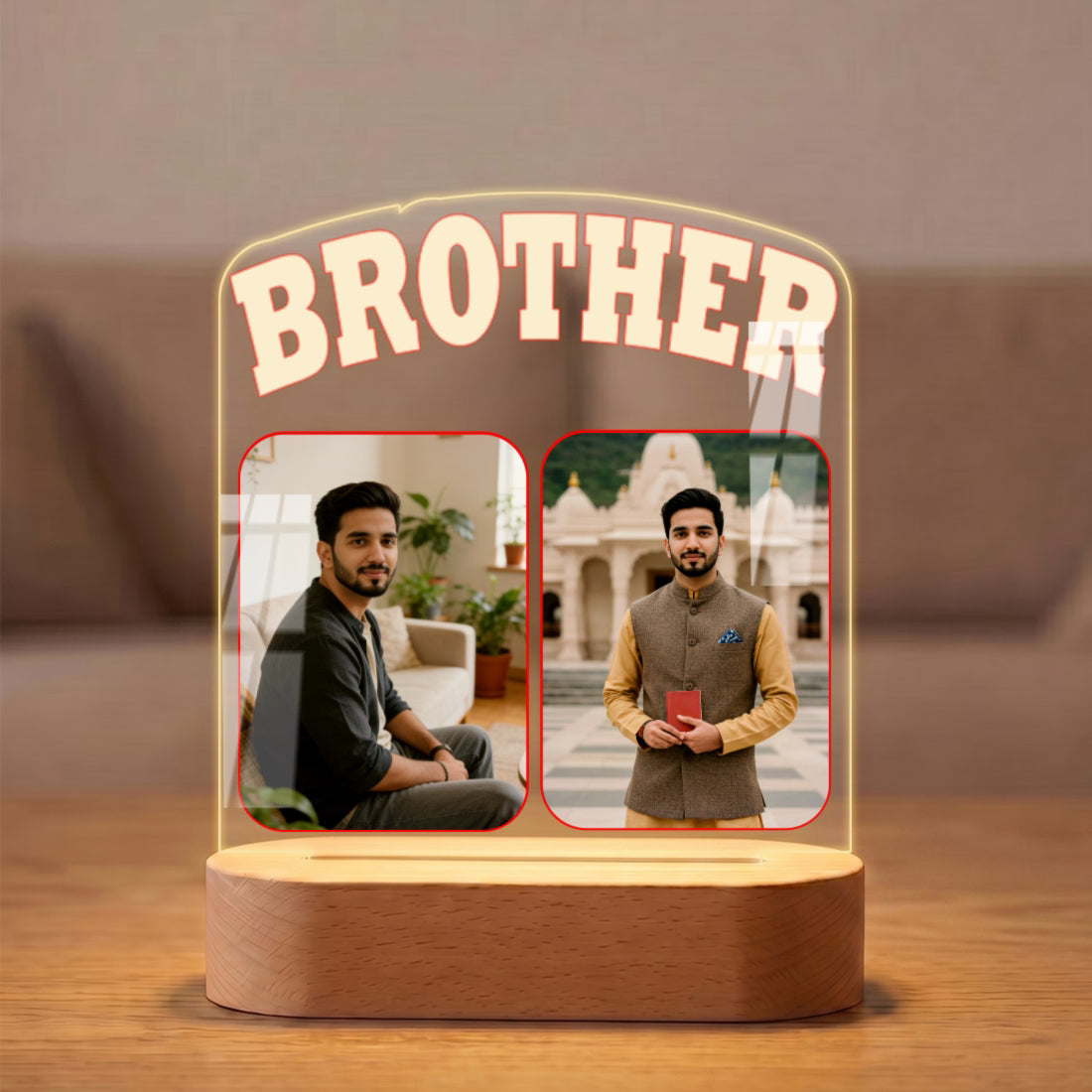 Personalized Brother acrylic LED table lamp with custom 2 photo print and warm glow wooden base – Fashionury