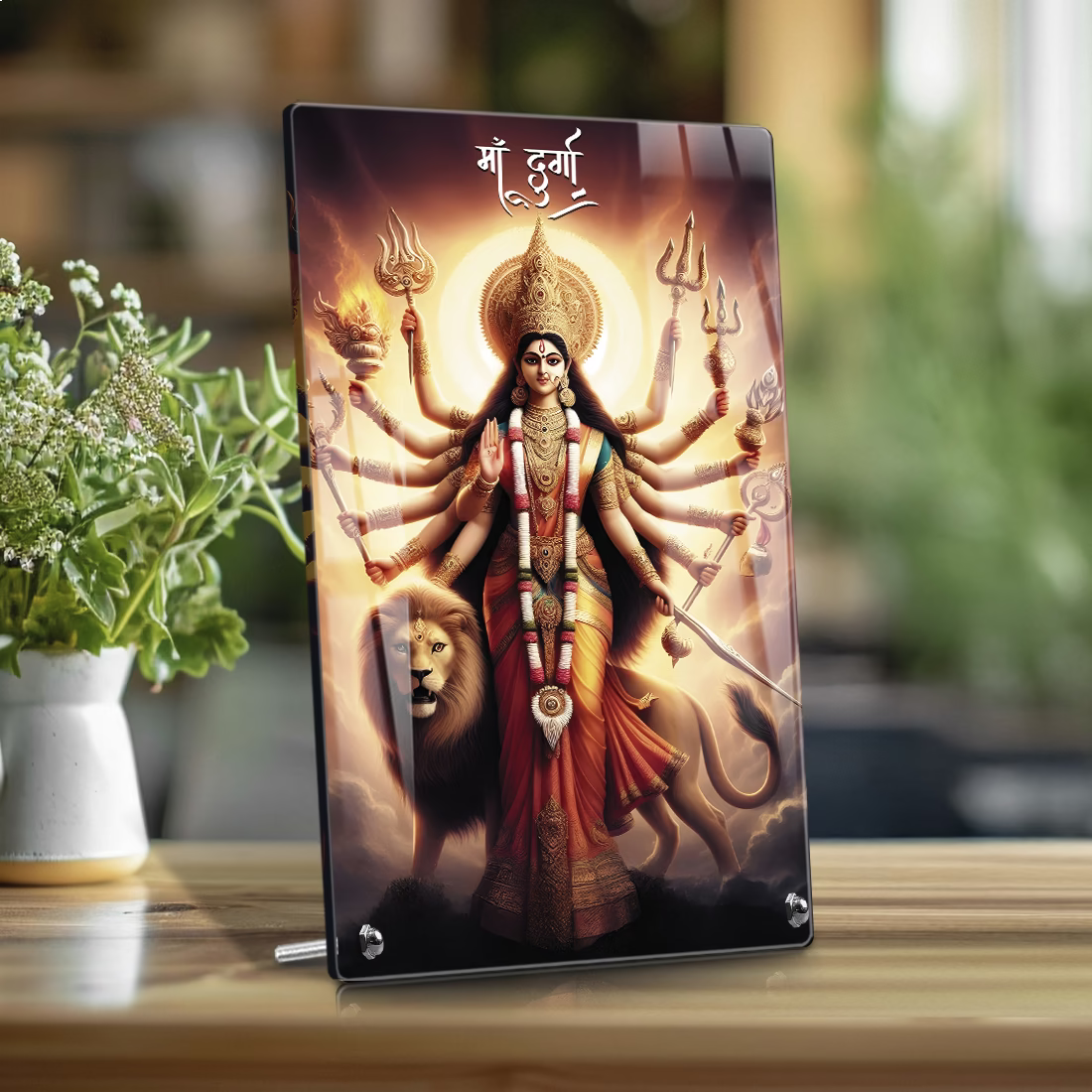 Maa Durga acrylic tabletop photo frame with lion and trishul design on steel standoffs – Navratri decor by Fashionury