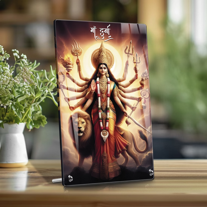 Maa Durga acrylic tabletop photo frame with lion and trishul design on steel standoffs – Navratri decor by Fashionury
