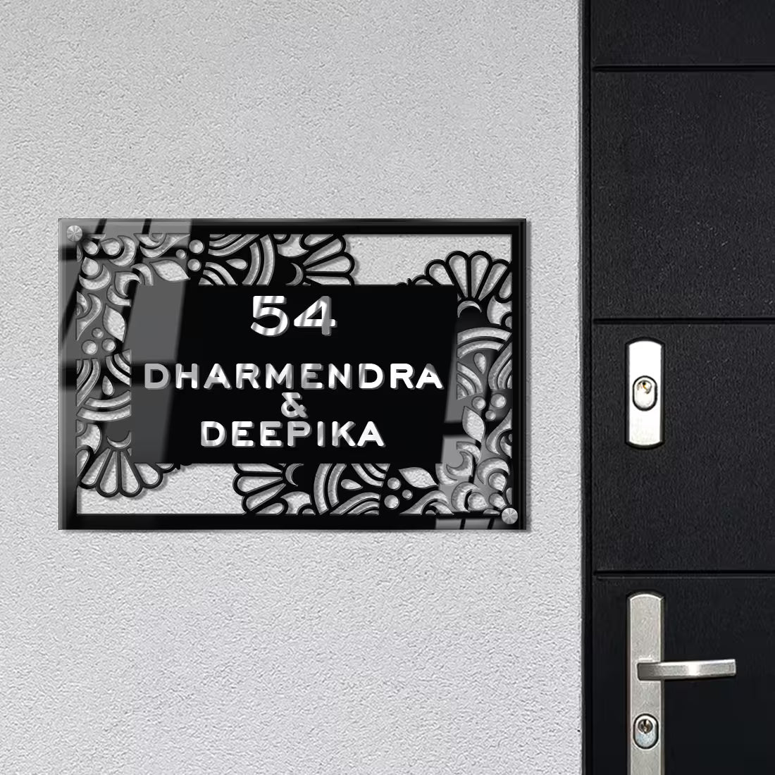 Acrylic Black Floral Acrylic Premium nameplate with Custom text on the frame
