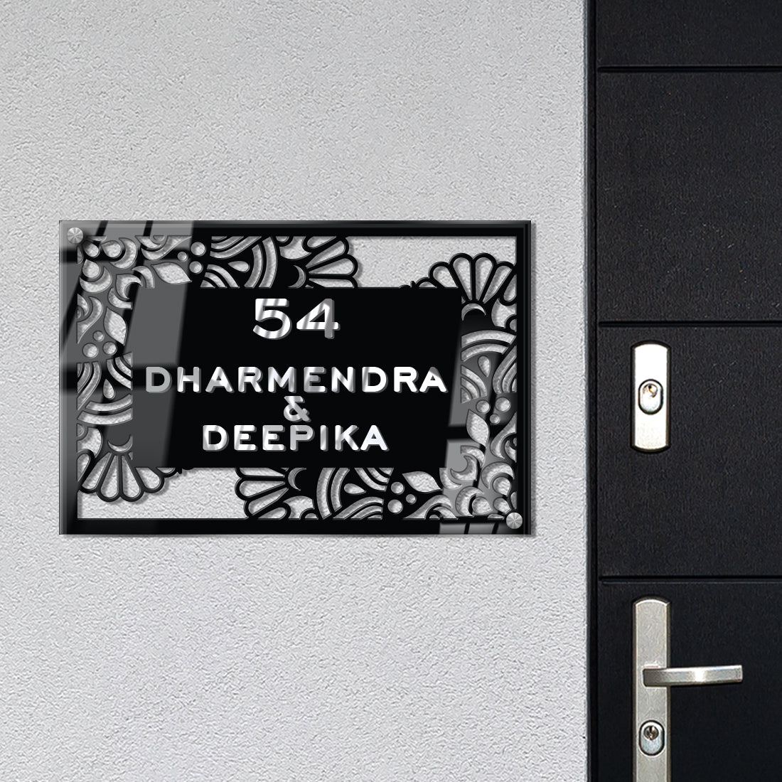 Black Floral Acrylic Door Name Plate – Unique Personalized Door Plate for Home Entrance Decoration