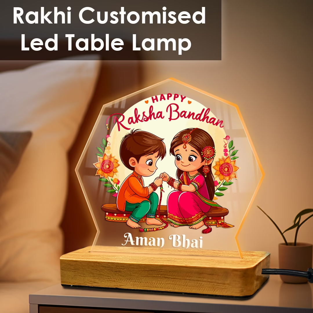 Personalized Raksha Bandhan acrylic LED lamp with cartoon brother sister design and custom name on wooden base – Fashionury
