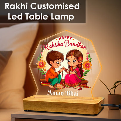 Personalized Raksha Bandhan acrylic LED lamp with cartoon brother sister design and custom name on wooden base – Fashionury