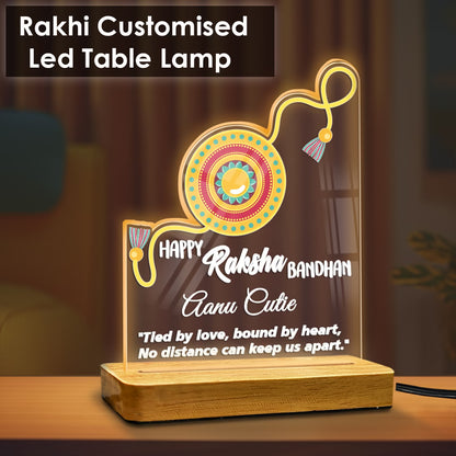 Personalized Raksha Bandhan acrylic LED lamp with custom name, rakhi design and love quote on wooden base – Fashionury