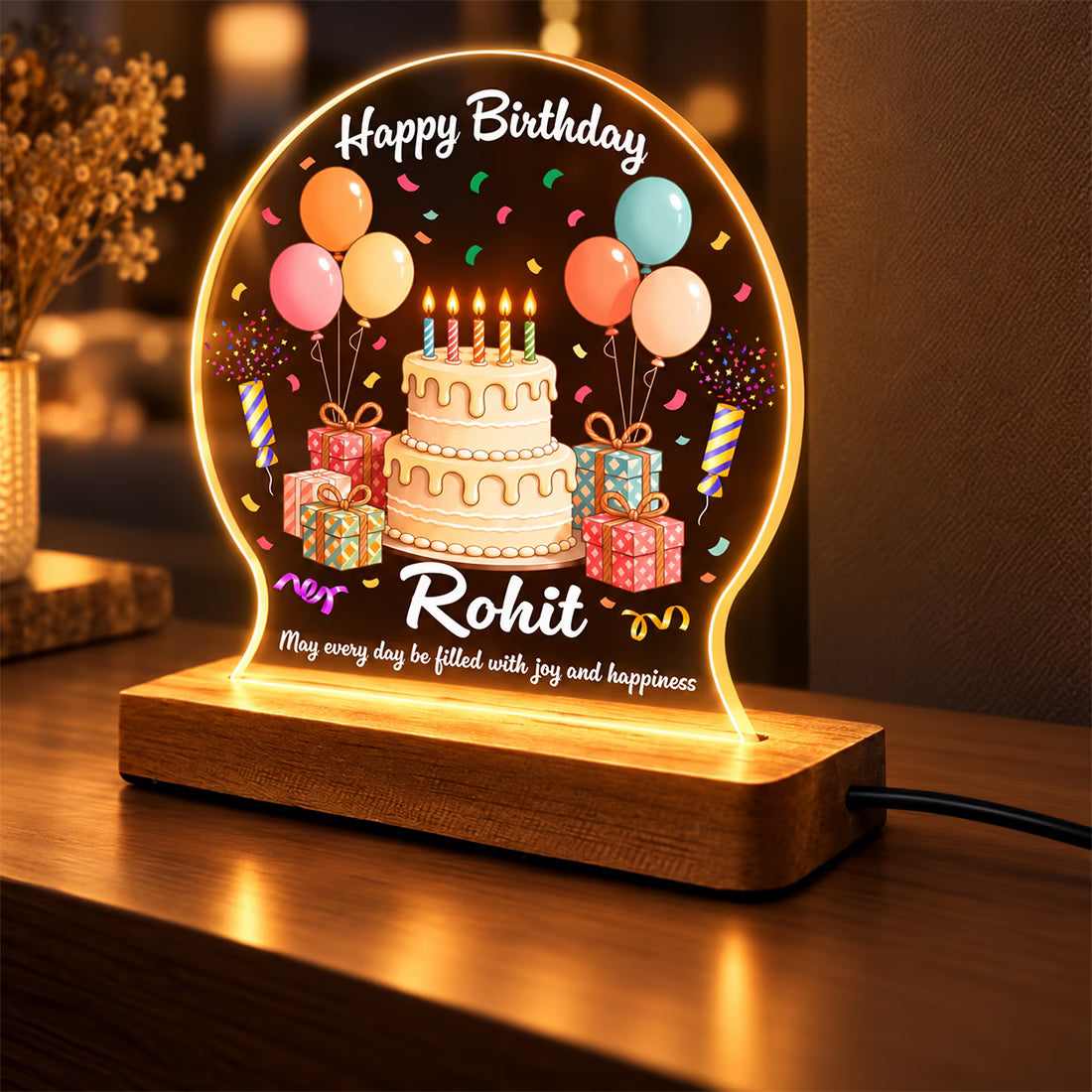 Personalized Happy Birthday acrylic LED table lamp with custom name, cake and balloons on warm glow wooden stand – Fashionury
