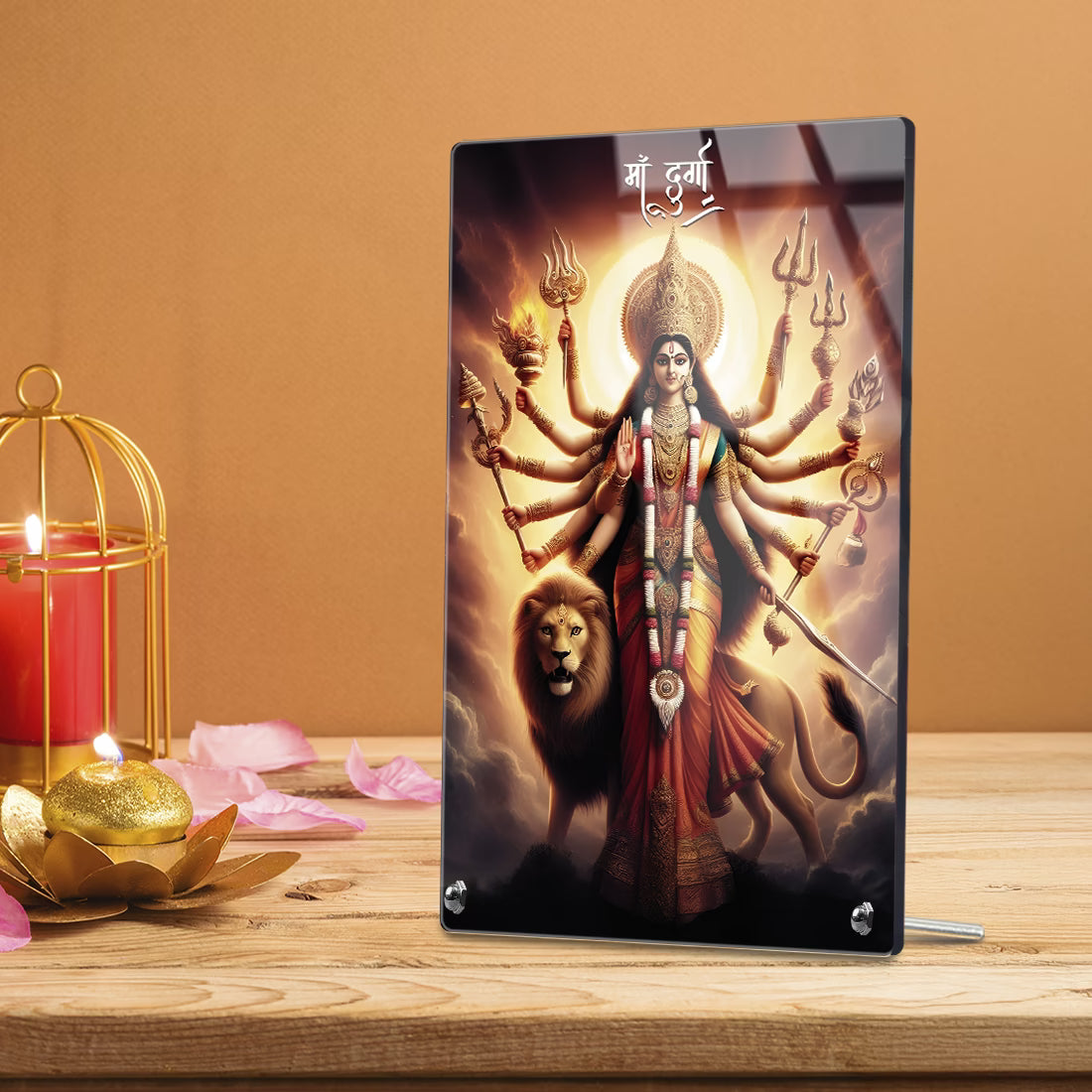 Maa Durga acrylic tabletop photo frame with lion and trishul design on steel standoffs – Navratri decor by Fashionury