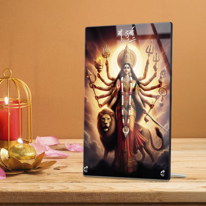 Maa Durga acrylic tabletop photo frame with lion and trishul design on steel standoffs – Navratri decor by Fashionury