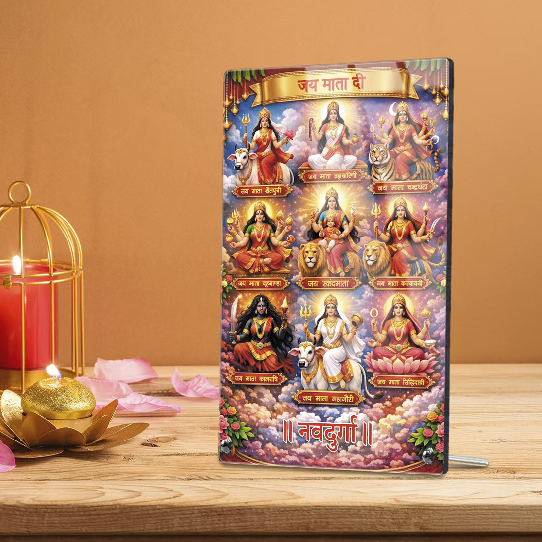 Jai Mata Di Navdurga acrylic tabletop frame with nine forms of Maa Durga on metal stand – Fashionury