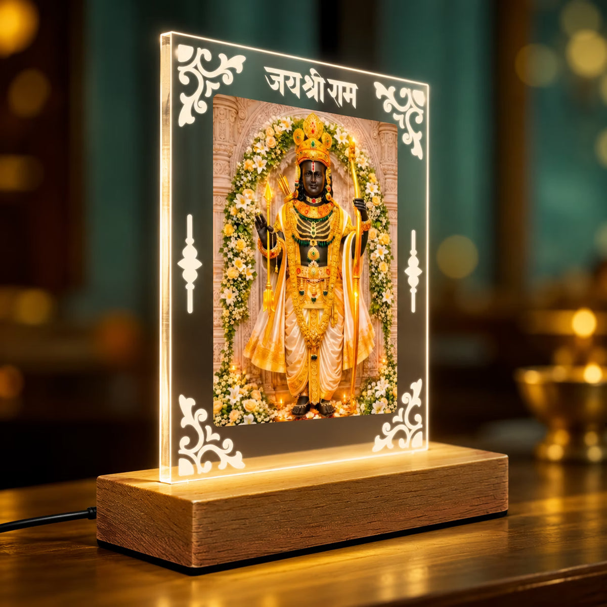 Ram Lalla Ayodhya acrylic LED table lamp with Jai Shri Ram design and warm glow on wooden stand – Fashionury