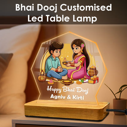 Personalized Bhai Dooj acrylic LED lamp with custom names and tilak ceremony design on wooden base – Fashionury