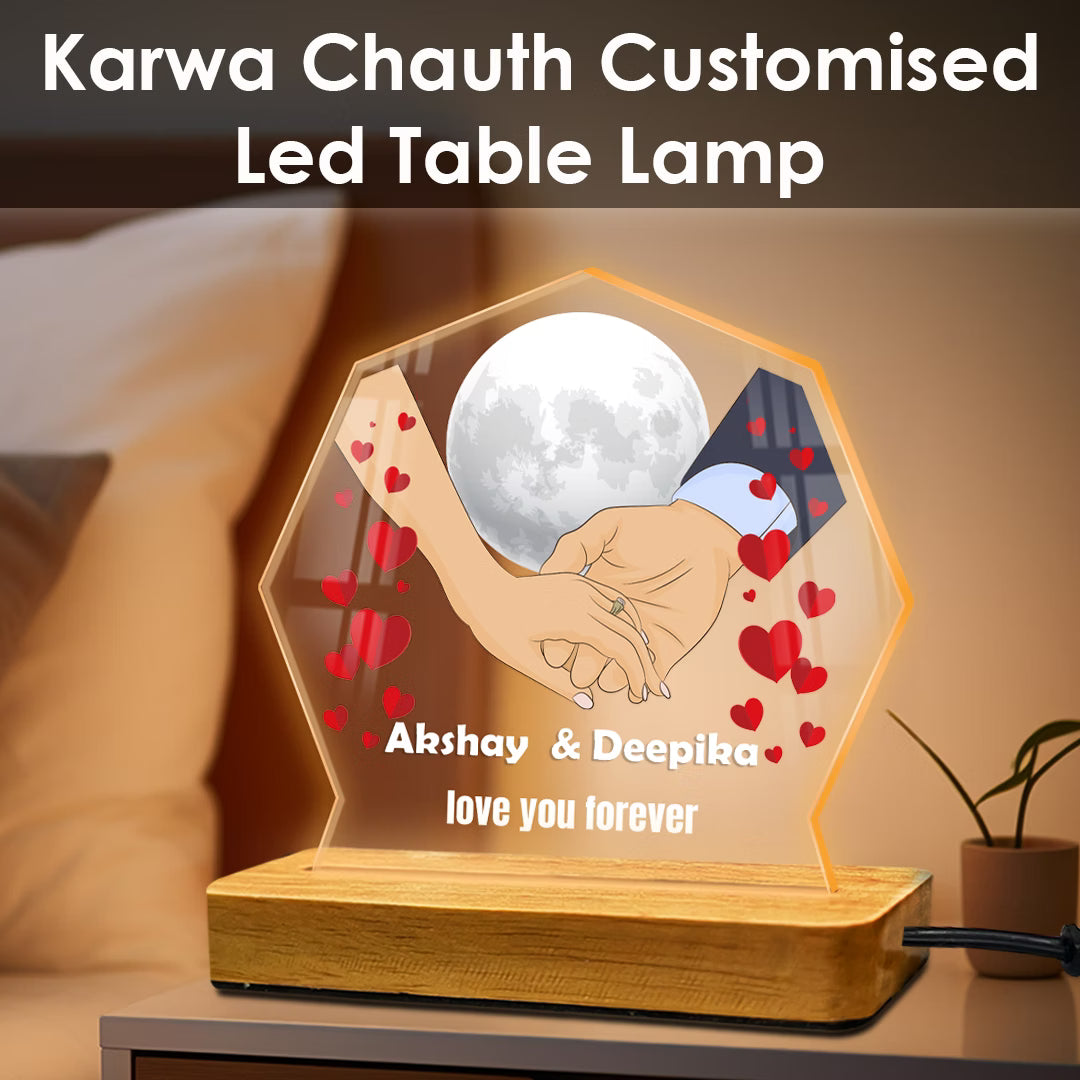 Personalized Karwa Chauth acrylic LED lamp with couple names, moon and holding hands design – Fashionury