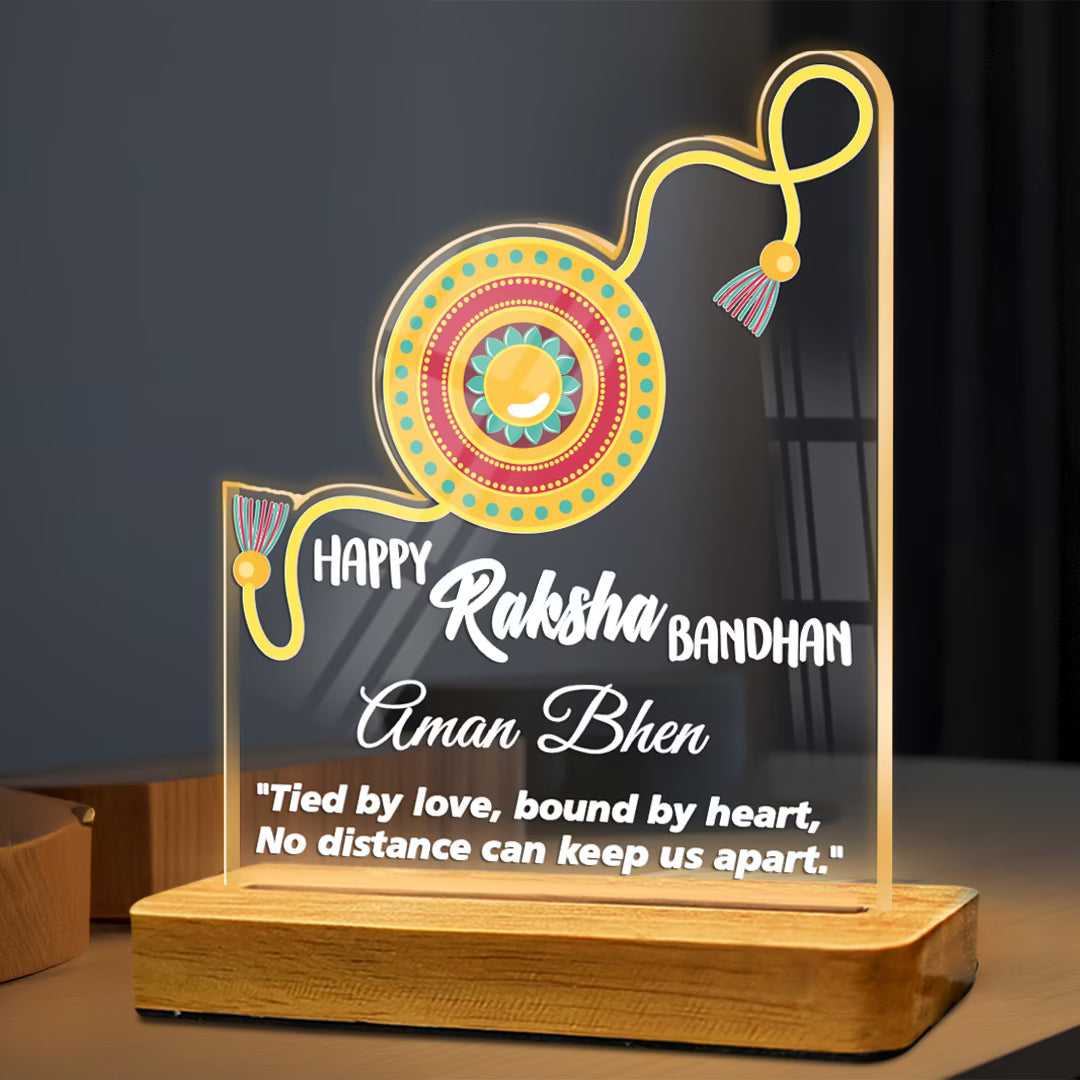 Personalized Raksha Bandhan acrylic LED lamp with custom name, rakhi design and love quote on wooden base – Fashionury