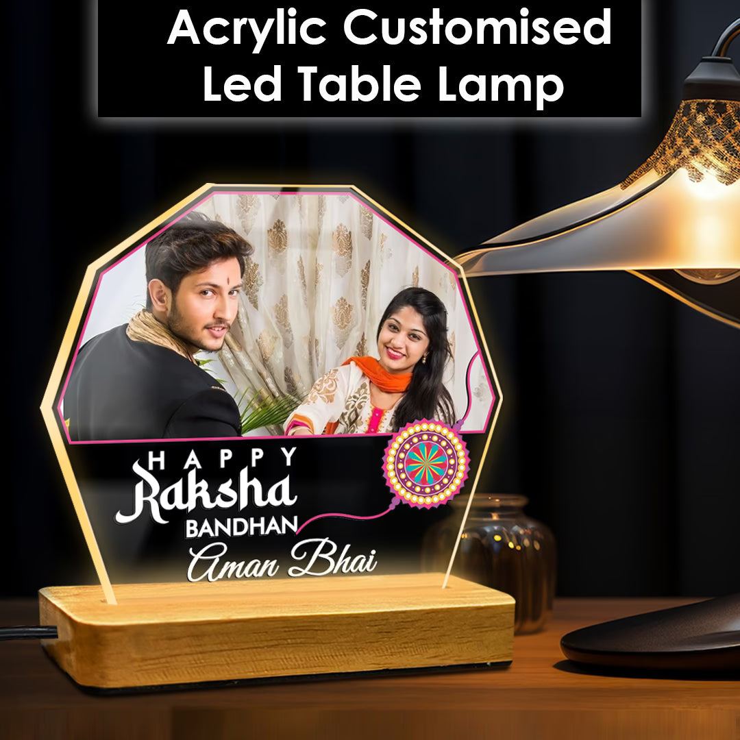 Personalized Raksha Bandhan acrylic LED lamp with custom photo and name, rakhi design and wooden base – Fashionury