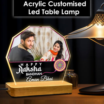 Personalized Raksha Bandhan acrylic LED lamp with custom photo and name, rakhi design and wooden base – Fashionury