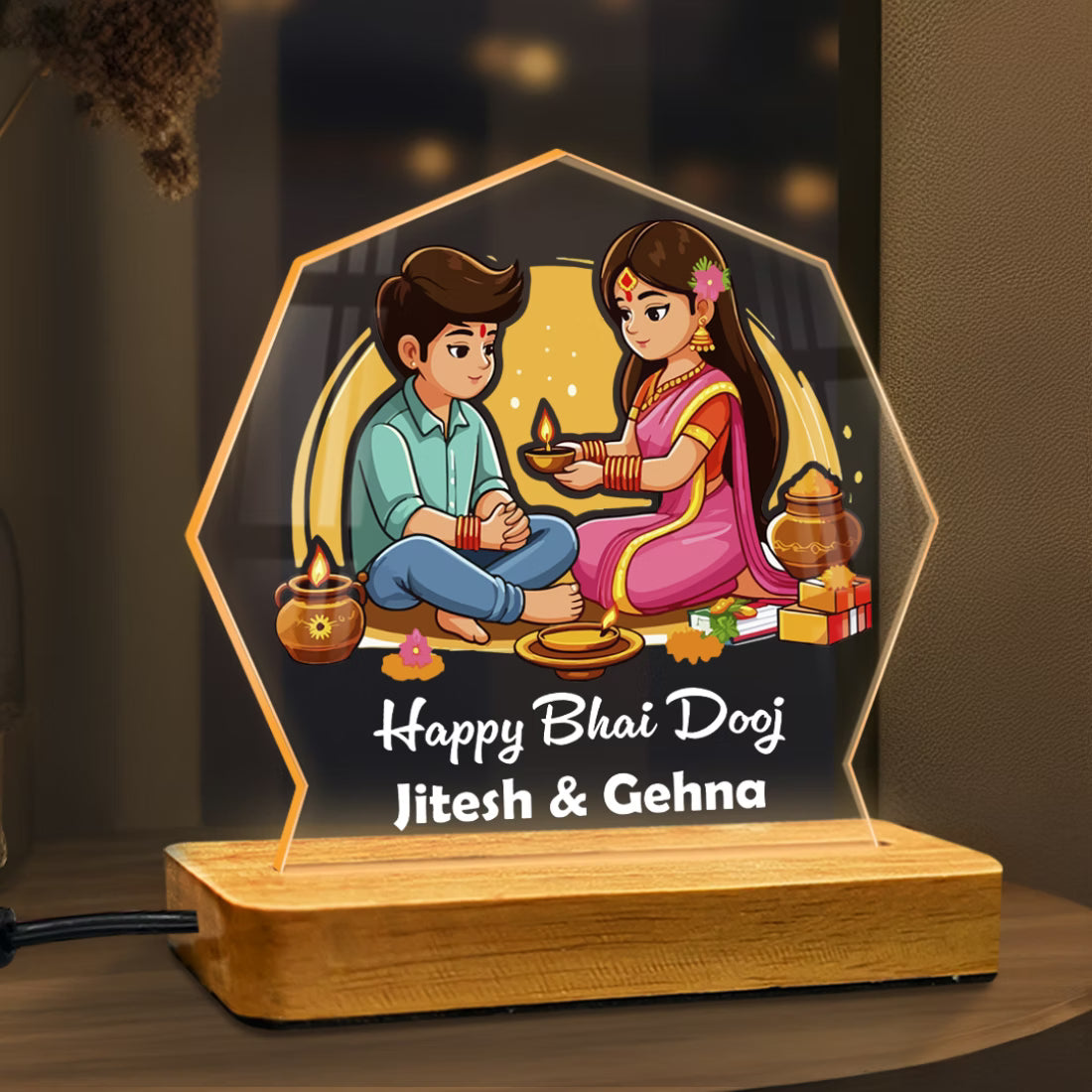 Personalized Bhai Dooj acrylic LED lamp with custom names and tilak ceremony design on wooden base – Fashionury