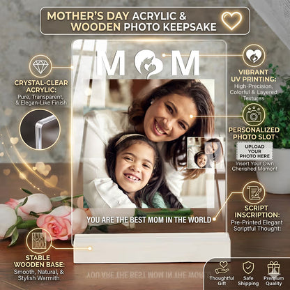 Personalised photo frame with a mother and daughter photo on a wooden surface.