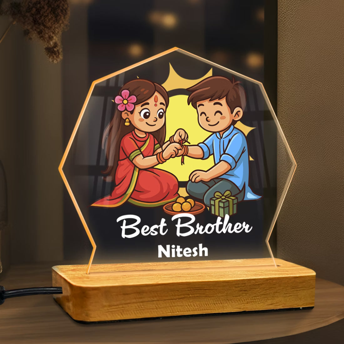 Personalized Best Brother acrylic LED lamp with custom name and rakhi tying design on wooden base – Fashionury