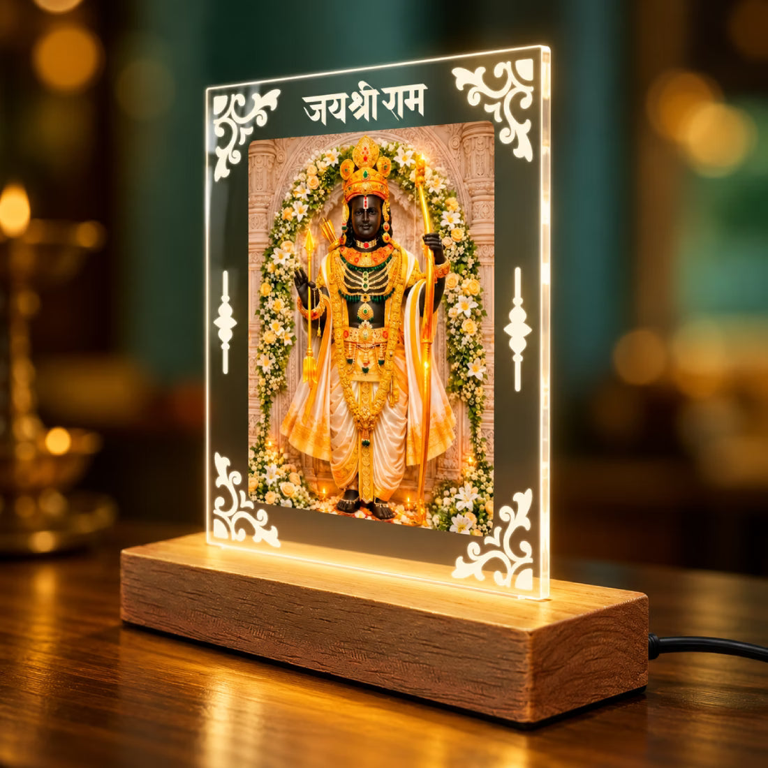 Ram Lalla Ayodhya acrylic LED table lamp with Jai Shri Ram design and warm glow on wooden stand – Fashionury