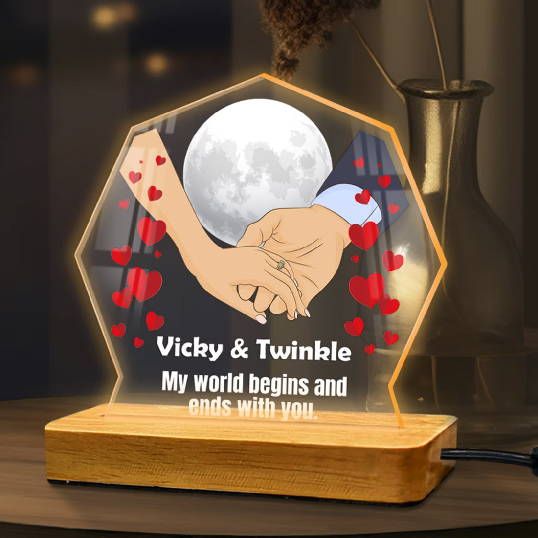 Personalized Karwa Chauth acrylic LED lamp with couple names, moon and holding hands design – Fashionury