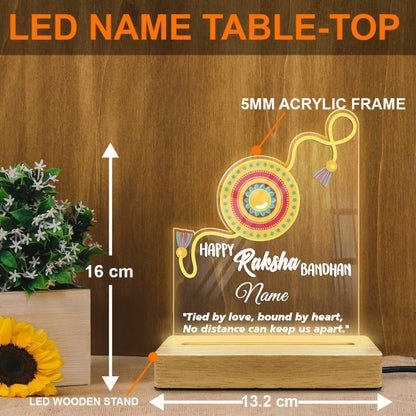 Personalized Raksha Bandhan acrylic LED lamp with custom name, rakhi design and love quote on wooden base – Fashionury