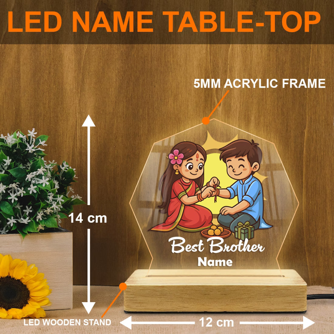 Personalized Best Brother acrylic LED lamp with custom name and rakhi tying design on wooden base – Fashionury
