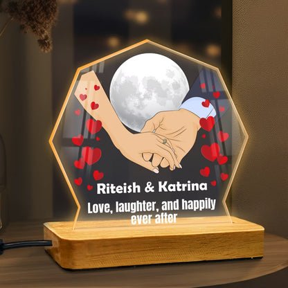 Personalized Karwa Chauth acrylic LED lamp with couple names, moon and holding hands design – Fashionury