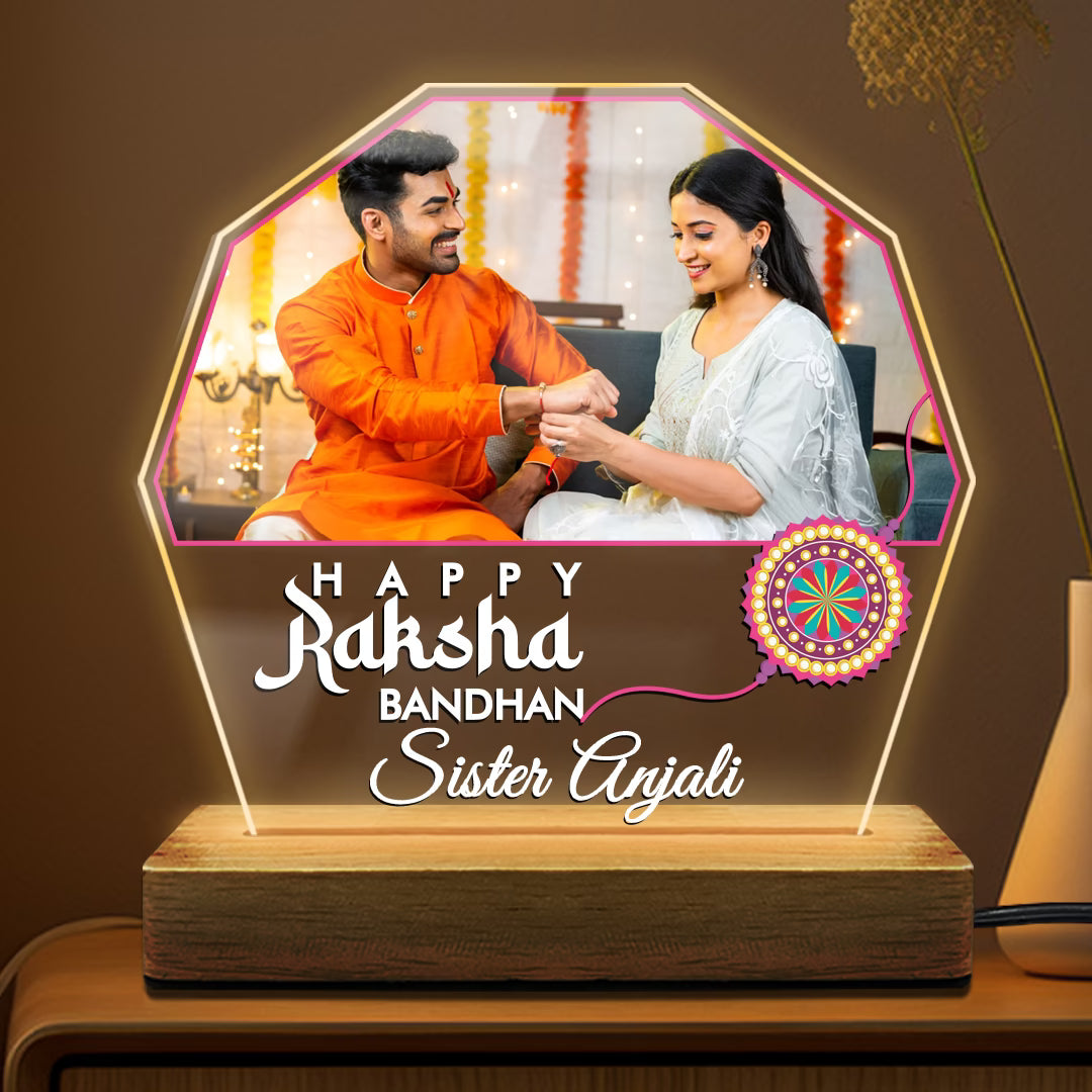 Personalized Raksha Bandhan acrylic LED lamp with custom photo and name, rakhi design and wooden base – Fashionury
