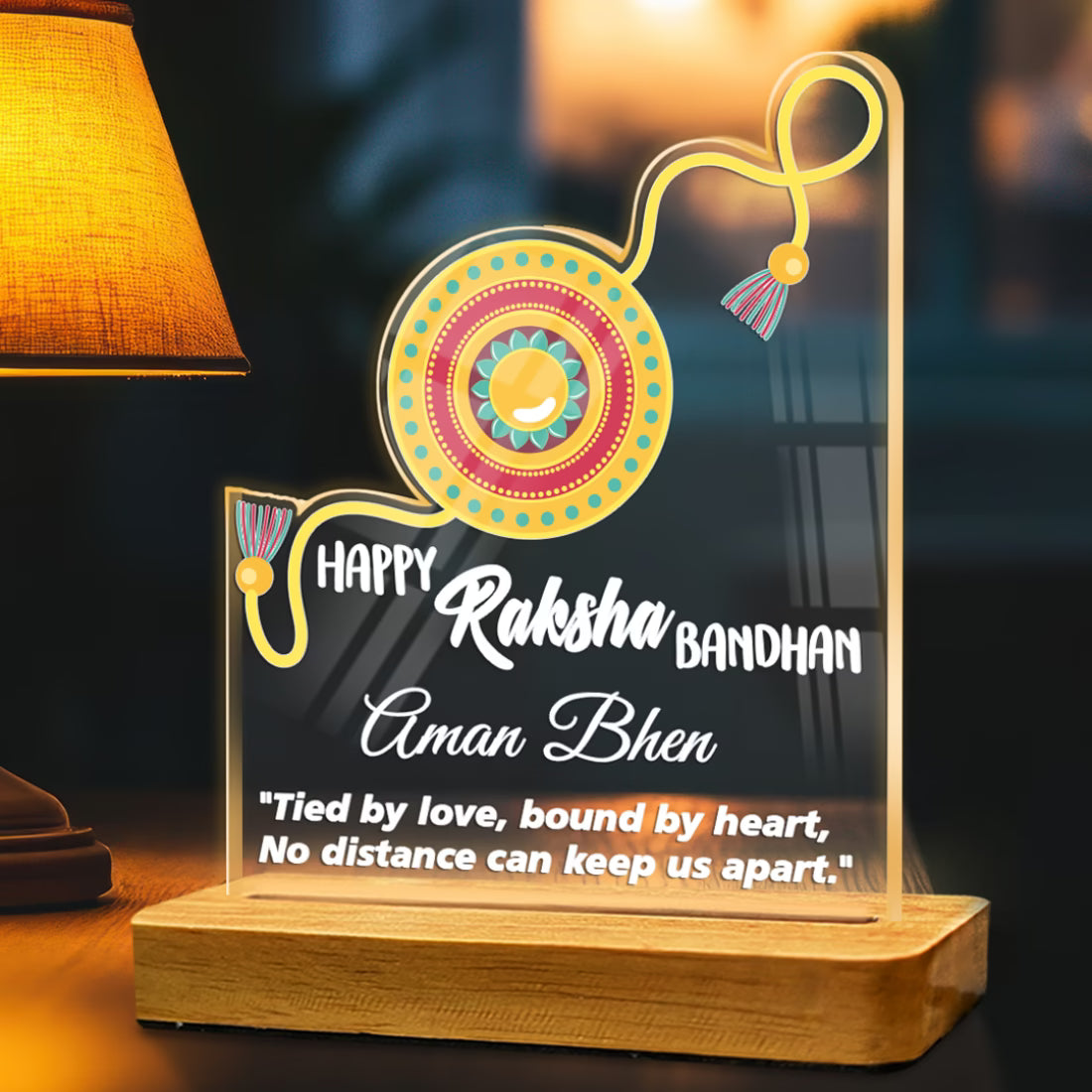 Personalized Raksha Bandhan acrylic LED lamp with custom name, rakhi design and love quote on wooden base – Fashionury