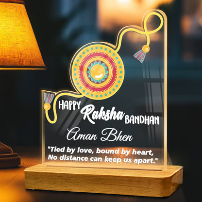 Personalized Raksha Bandhan acrylic LED lamp with custom name, rakhi design and love quote on wooden base – Fashionury