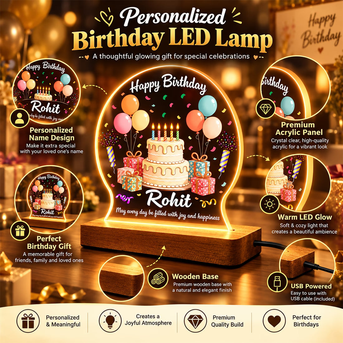 Personalized Happy Birthday acrylic LED table lamp with custom name, cake and balloons on warm glow wooden stand – Fashionury