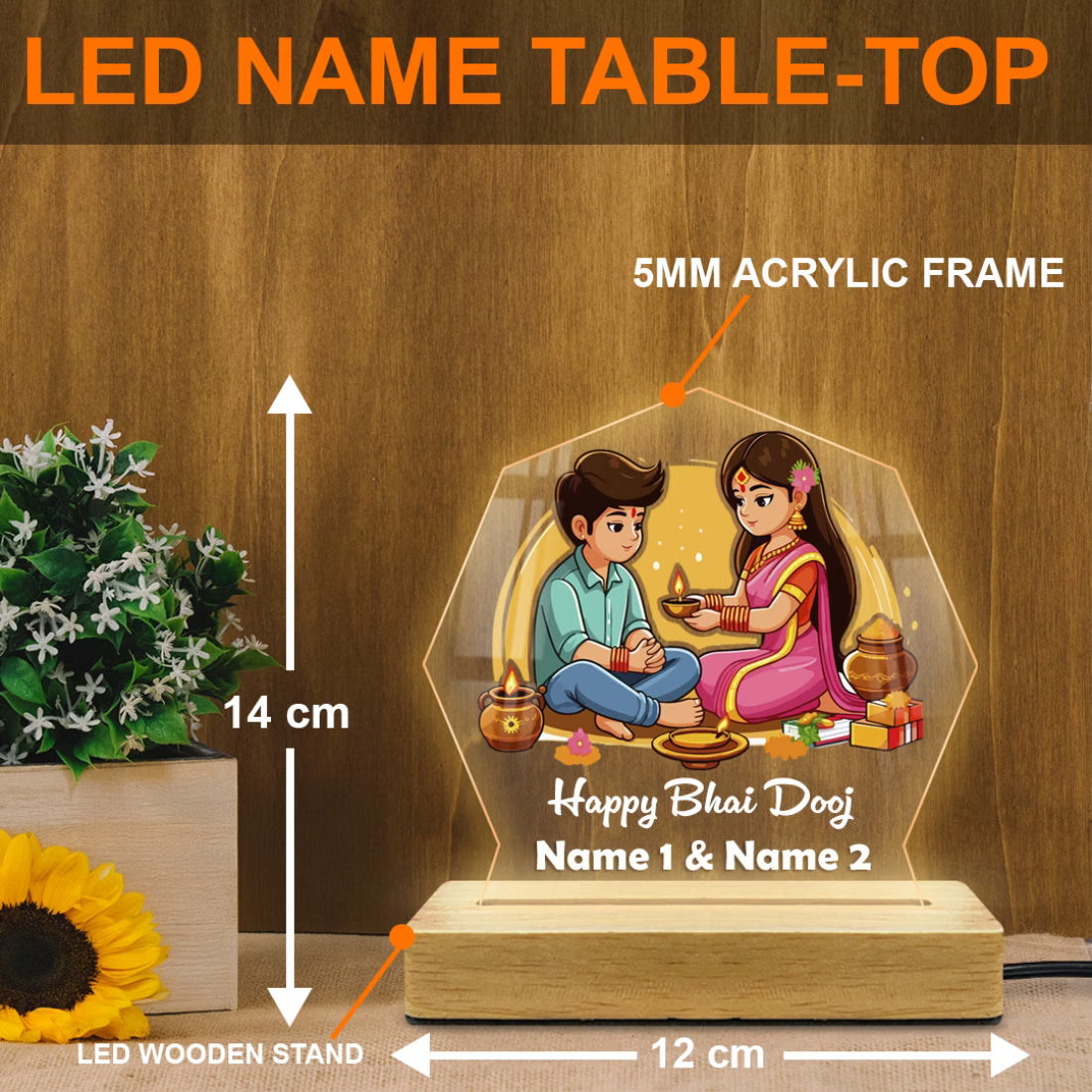 Personalized Bhai Dooj acrylic LED lamp with custom names and tilak ceremony design on wooden base – Fashionury